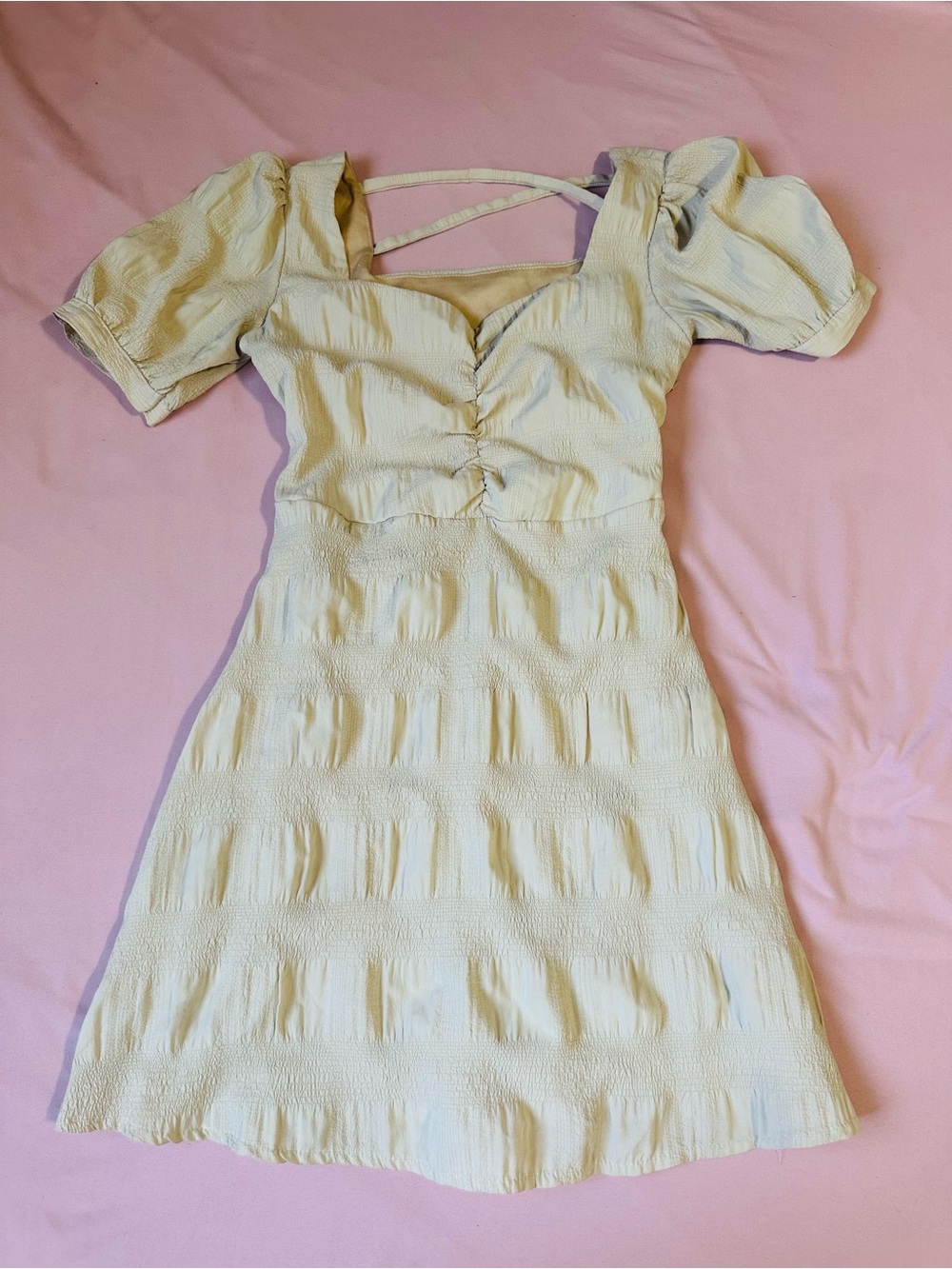 Square Neck Puff Sleeve Mini Dress in Light Cream
